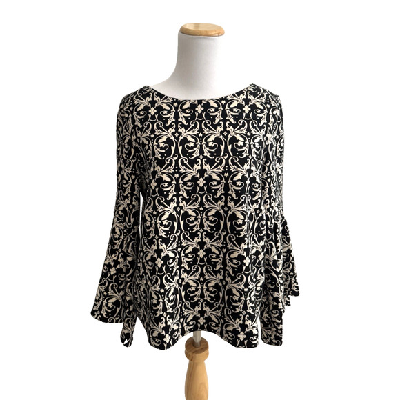 Alice + Olivia Baska Blouse 10 Boat-Neck Bell-Sleeve Black Gold Damask Jacquard - Picture 1 of 14